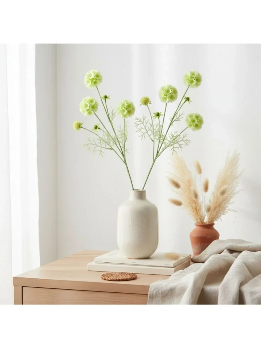Scabiosa Flower Stems Green White Artificial Floral Filler